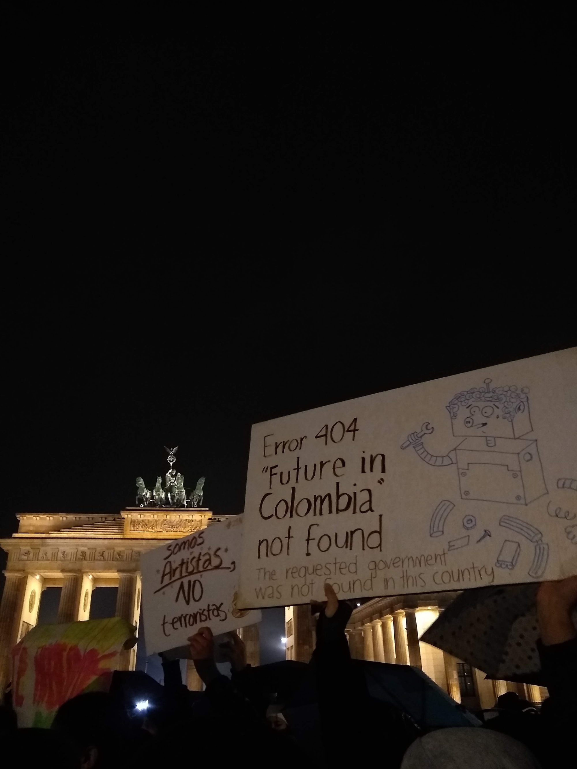 Some posters that were part of a demonstration at the Brandenburg Gate supporting Colombia's national strike. Picture by me.